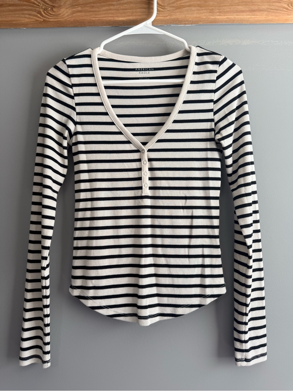 American Eagle Outfitters Black and White Striped Ribbed Henley Long Sleeve